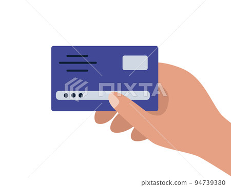 Hand holds a plastic bank card. Payment by credit card, purchase. Vector illustration in a flat style Hand holds a plastic bank card. Payment by credit card, purchase. Vector illustration in a flat style 94739380