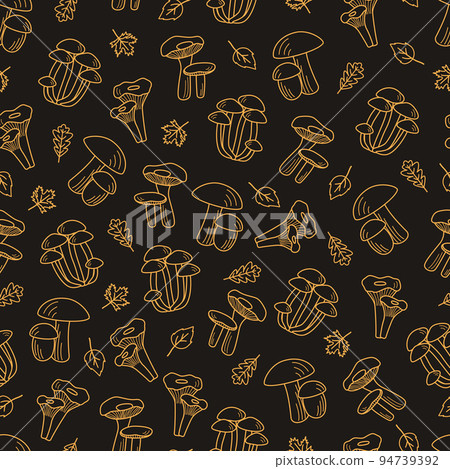 Seamless Pattern Doodle mushroom icons vector. Illustration of boletus, chanterelles, honey agaric, champignons, aspen mushroom and russula 94739392