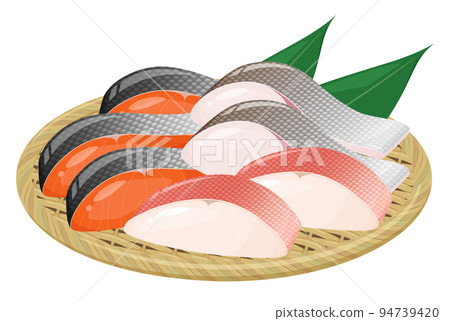 Illustration of a platter of fish fillets on a colander 94739420