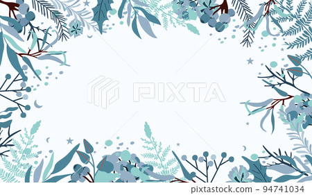 Christmas border with decorative flowers, leaves, blue berries, spruce branch. Winter composition perfect for greeting cards, poster, banner. Vector 94741034