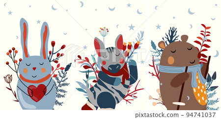 Winter background with cute rabbit holding a heart, funny zebra, bear and colorful leaves. Winter animals. Perfect for greeting cards, poster, postcard, banner. Vector 94741037
