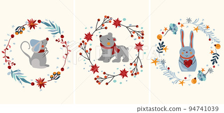Christmas border with funny mouse in a scarf, cute rabbit holding a heart, polar bear. Winter compositions with animals in Christmas wreath. Perfect for greeting cards, poster, postcard.Vector. 94741039