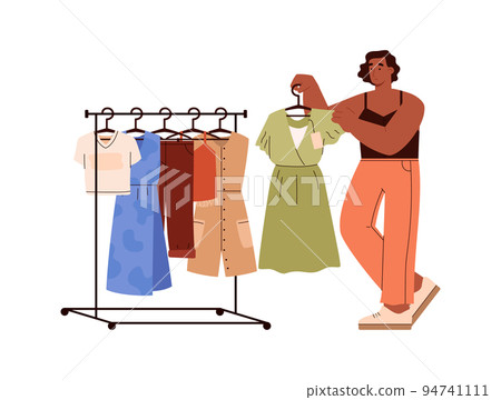 Woman taking off dress from a hanger rack flat vector illustration isolated. Woman taking off dress from a hanger rack flat vector illustration isolated. 94741111
