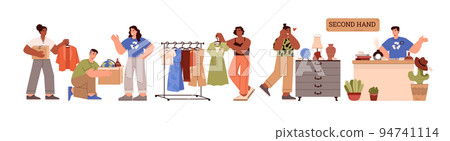 Shopping used goods in second hand store, flat vector illustration isolated. 94741114