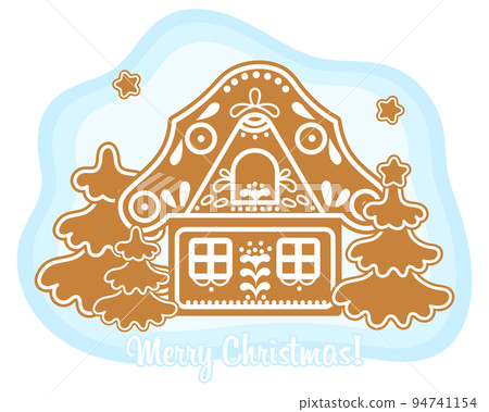 Christmas gingerbread house with fir trees and text Merry christmas. Illustration, vector Christmas gingerbread house with fir trees and text Merry christmas. Illustration, vector 94741154