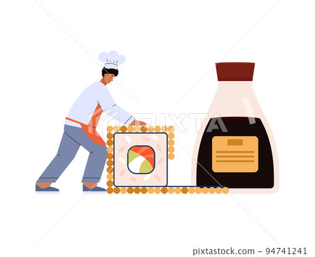 Tiny sushi cook character preparing rolls, flat vector illustration isolated. 94741241