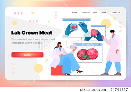 scientists opening web browser windows with cultured red raw meat made from animal cells artificial lab grown meat production 94741357