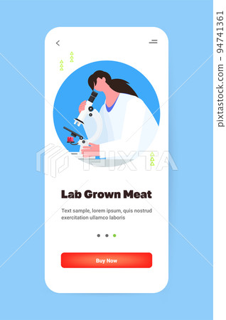 scientist with microscope analyzing cultured red raw meat made from animal cells artificial lab grown meat production scientist with microscope analyzing cultured red raw meat made from animal cells artificial lab grown meat production 94741361