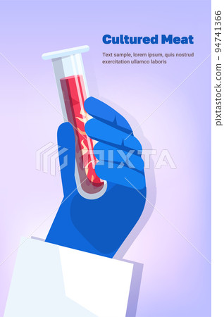 scientist hand holding test tube with cultured red raw meat made from animal cells artificial lab grown meat production 94741366