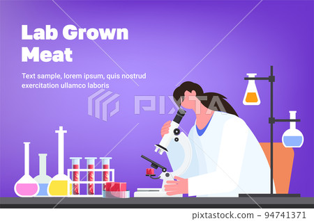 scientist with microscope analyzing cultured red raw meat made from animal cells artificial lab grown meat production scientist with microscope analyzing cultured red raw meat made from animal cells artificial lab grown meat production 94741371