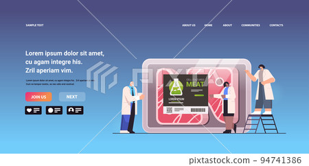 scientists looking at plastic container with cultured red raw meat made from animal cells artificial lab grown meat production 94741386