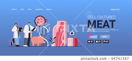 scientists analyzing dna of cultured red raw meat made from animal cells artificial lab grown meat production concept 94741387