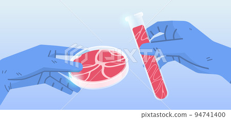 scientist hands holding test tubes with cultured red raw meat made from animal cells artificial lab grown meat production scientist hands holding test tubes with cultured red raw meat made from animal cells artificial lab grown meat production 94741400