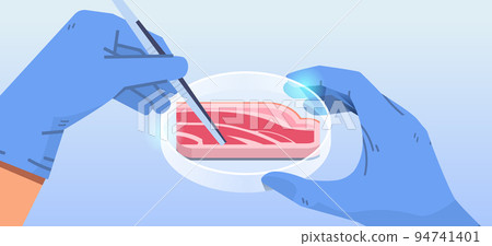 scientist hands holding cultured red raw meat made from animal cells artificial lab grown meat production concept horizontal 94741401