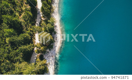 The Braies Lake in Summer in north Italy aerial shoot The Braies Lake in Summer in north Italy aerial shoot 94741871