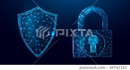 Guard shield and padlock. Cyber security concept with glowing low poly shield and lock on dark blue background. Wireframe low poly design. Abstract futuristic vector illustration Guard shield and padlock. Cyber security concept with glowing low poly shield and lock on dark blue background. Wireframe low poly design. Abstract futuristic vector illustration 94742163
