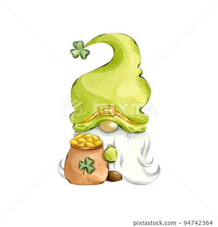 St Patrick's day leprechaun clipart. Watercolor gnome with gold. Hand drawn illustration of leprechaun isolated on white. 94742364