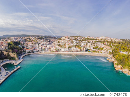 Amazing view on Ulcinj town in Montenegro. Clock Tower of Ulcinj Sahat Kulla. Lami Mosque. Ulcinj is a popular tourist destination in the summer on the southern Adriatic coast of Montenegro. Ulqin Amazing view on Ulcinj town in Montenegro. Clock Tower of Ulcinj Sahat Kulla. Lami Mosque. Ulcinj is a popular tourist destination in the summer on the southern Adriatic coast of Montenegro. Ulqin 94742478