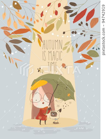 Happy Cartoon Girl standing under Umbrella with Funny Dog 94742919