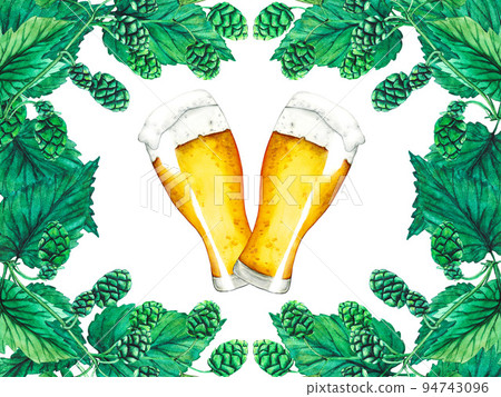 Glass of beer, hop and leaves. Watercolor beer collection Glass of beer, hop and leaves. Watercolor beer collection 94743096