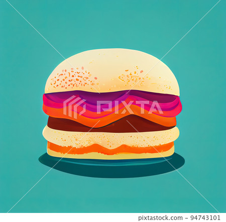 Hamburger bright illustration. Stylized hamburger on a blue background. Fast food restaurant. Digital illustration. 94743101