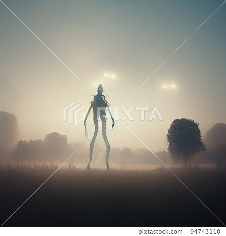 Humanoids walk the field. The coming of aliens. Digital illustration. 94743110
