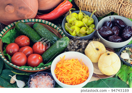 Various fermented food in bowls. Set of marinated products. Healthy food. Pickled vegetables. 94743189