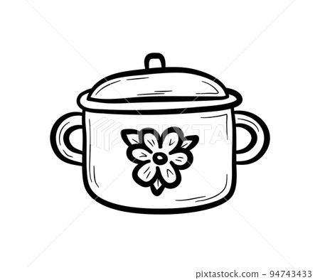 Hand drawn cooking pot with flower print.  Tableware, kitchen utensil for boiling.  Flat vector illustration in doodle style. 94743433