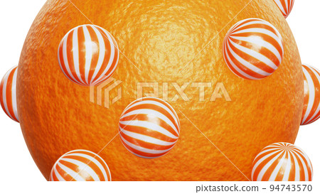 Realistic 3D illustration of the orange peel sphere with orbital rolling small colorful orange flavor candies against white Realistic 3D illustration of the orange peel sphere with orbital rolling small colorful orange flavor candies against white 94743570