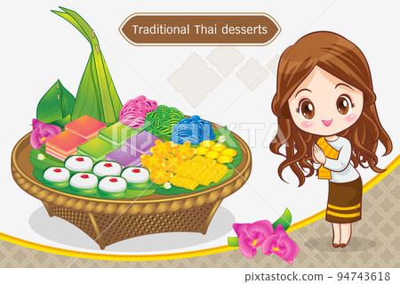 Thai character in traditional costume Sawasdee and welcome presenting traditional thai dessert 94743618