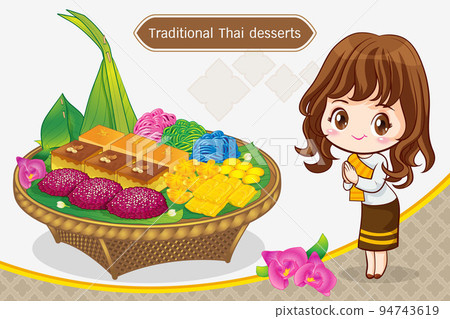 Thai character in traditional costume Sawasdee and welcome presenting traditional thai dessert 94743619