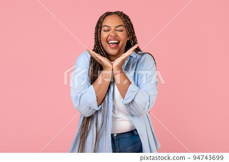 Cheerful Plump Woman Laughing Posing WIth Eyes Closed, Pink Background Cheerful Plump Woman Laughing Posing WIth Eyes Closed, Pink Background 94743699