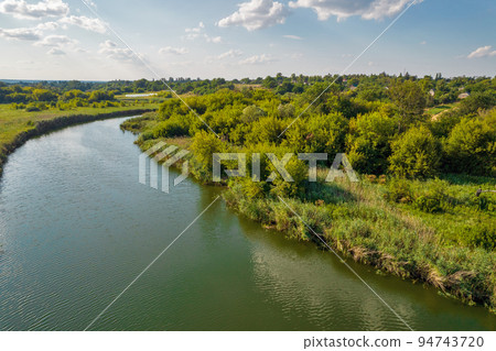 Drone view over summer river Ros landscape, Ukraine. Drone view over summer river Ros landscape, Ukraine. 94743720