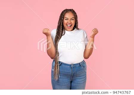 Emotional Black Obese Woman Gesturing Yes Posing On Pink Background Emotional Black Obese Woman Gesturing Yes Posing On Pink Background 94743767