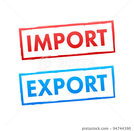 Port crane lift two red cargo containers with import and export words. Vector stock illustration. Port crane lift two red cargo containers with import and export words. Vector stock illustration. 94744390