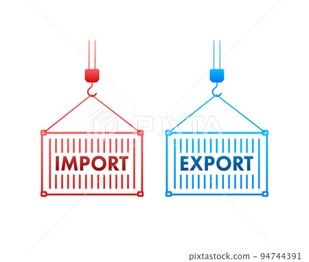 Port crane lift two red cargo containers with import and export words. Vector stock illustration. 94744391