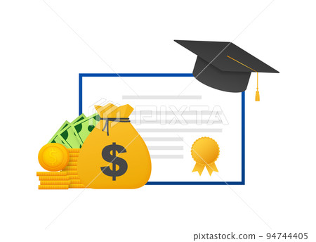 Investment in education. Scholarship. Books. Graduate s cap on stack golden coin. Vector illustration. Investment in education. Scholarship. Books. Graduate s cap on stack golden coin. Vector illustration. 94744405