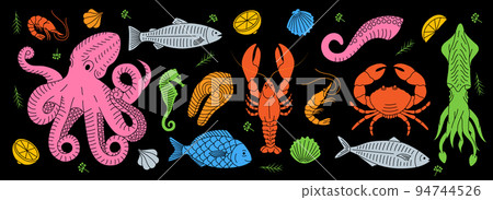 Seafood hand drawn set. Sea animal line banner. Seafood meal menu horizontal illustration. Fishes, lobster, squid, octopus, crab, prawns, fish fillet. 94744526