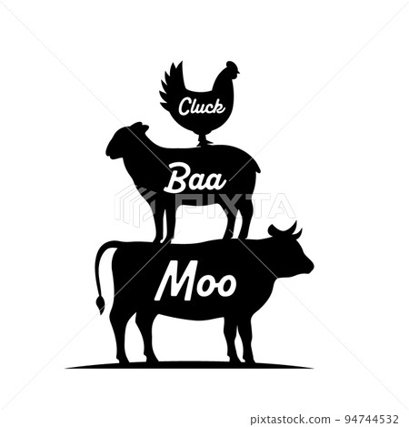 Farm animal silhouette poster. Cluck, Baa, Moo - animals voice lettering. Vector illustration. Farm animals silhouettes Farm animal silhouette poster. Cluck, Baa, Moo - animals voice lettering. Vector illustration. Farm animals silhouettes 94744532