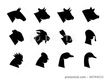 Farm animal head set. Pig, Horse, Turkey, Goat, Sheep, Chicken, Rooster, Duck, Rabbit, Goose, Cow, Bull head silhouettes. Farm animal black icons 94744533