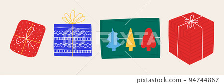 New Year set Christmas gifts and presents in hand drawn style with ornament. Isolated icons, stickers, elements for the design of brochures, postcards, posters, invitations. 94744867
