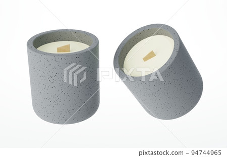 Set of different angles of handmade candle with wooden wick in concrete jar 3D render, branding and mock-up design ready product concept 94744965