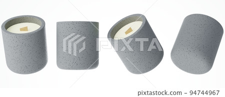 Set of different angles of handmade candle with wooden wick in concrete jar 3D render, branding and mock-up design ready product concept 94744967