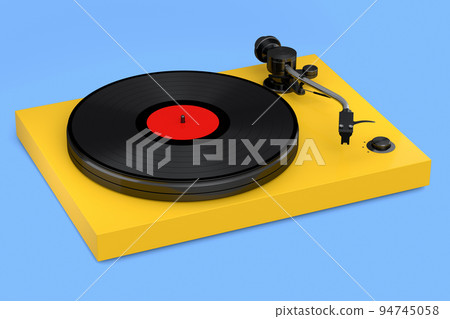 Vinyl record player or DJ turntable with retro vinyl disk on blue background. 94745058
