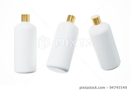 Different views of plastic shampoo bottle 3D render isolated on white background, cosmetic hair care product design concept and branding ready mockup 94745549