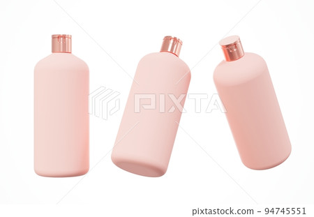 Different views of pink plastic shampoo bottle 3D render isolated on white background, cosmetic hair care product design concept and branding ready mockup Different views of pink plastic shampoo bottle 3D render isolated on white background, cosmetic hair care product design concept and branding ready mockup 94745551
