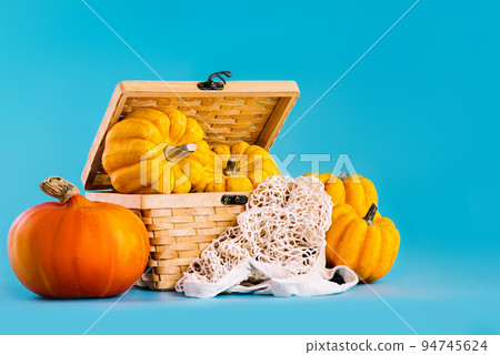 Autumn vegetables.Minimalist style.Composition of different varieties of pumpkins.Various of pumpkins in a basket on a blue background. Pumpkins on blue background.vegetable fall food concept. 94745624