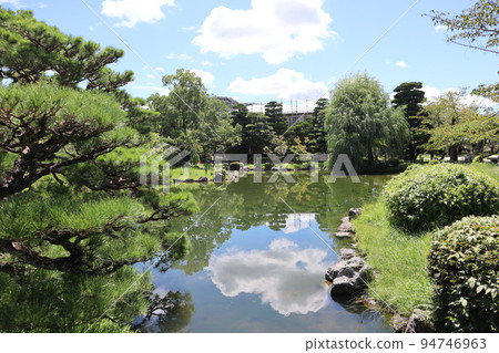 帶池塘的花園景觀,水面反射藍天、雲彩和周圍的綠色植物 帶池塘的花園景觀,水面反射藍天、雲彩和周圍的綠色植物 94746963