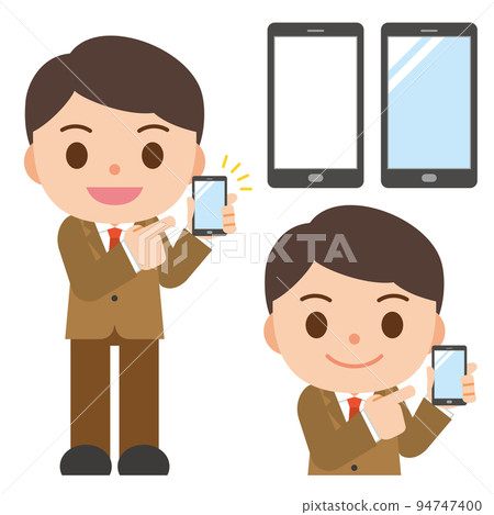 A man in a suit pointing at a smartphone screen 94747400
