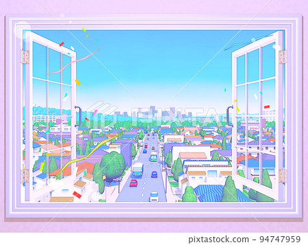 Window, residential area, pastel color, cityscape, background, CG 94747959